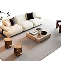 Cozy Sofa And Wooden Coffee Table With Black Gray Cushions Small Round Stools Potted Plant