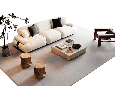Cozy Sofa And Wooden Coffee Table With Black Gray Cushions Small Round Stools Potted Plant 3d model
