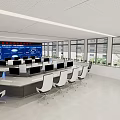 Modern Monitoring Room Interior With Multiple Computer Monitors Ergonomic Chairs And Blue LED Desks