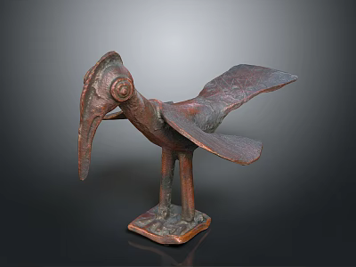 Artistic Bronze Bird Sculpture with Long Beak Outstretched Wings and Square Base 3d model