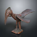 Artistic Bronze Bird Sculpture with Long Beak Outstretched Wings and Square Base