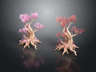 Two Unique Plants with Twisted Trunks Pink Red Flowers Exposed Roots on Black Background Reflections 3d model