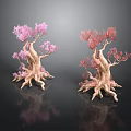 Two Unique Plants with Twisted Trunks Pink Red Flowers Exposed Roots on Black Background Reflections