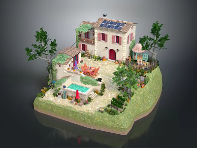 Cartoon Villa Scene with Solar Panels Garden Pool Trees and Outdoor Lounge Chairs 3d model