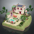 Cartoon Villa Scene with Solar Panels Garden Pool Trees and Outdoor Lounge Chairs