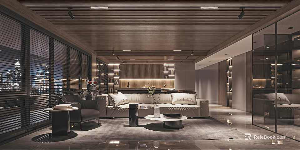 Modern Living And Dining Room Interior With Sofa Coffee Table Rug And Pendant Lights 3d model 