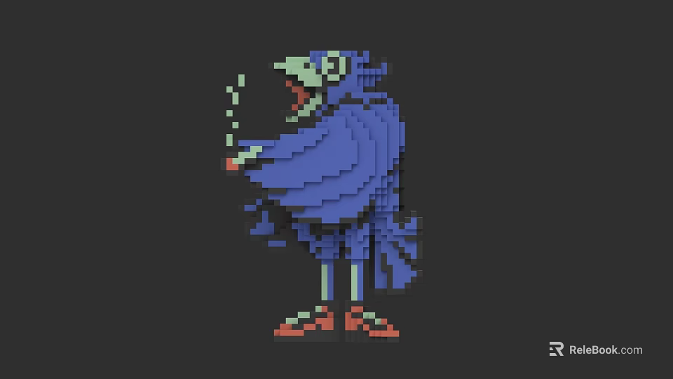Pixel Art Flying Animal With Blue Body Green Head Open Mouth Red Shoes And Cloak 3d model 