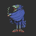 Pixel Art Flying Animal With Blue Body Green Head Open Mouth Red Shoes And Cloak