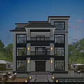 Modern Detached Villa with Large Windows Balconies Swimming Pool Outdoor Seating and Lush Greenery