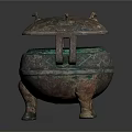 Ancient Bronze Ding With Decorative Lid Handles And Three Legs Design 3d model