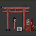 Japanese Torii Gate Scene With Red Vending Machine Lantern White Device And Bicycle