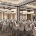 Elegant Luxurious Banquet Hall Interior With Crystal Chandeliers Arranged Tables And Chairs