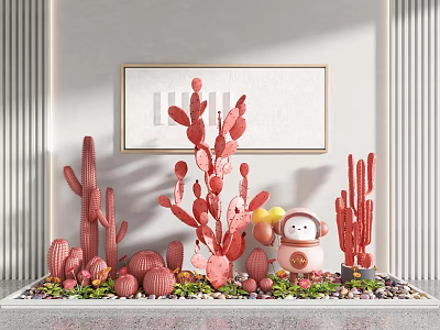 Red Cactus Bonsai Plants With Cartoon Figurine And Decorative Indoor 3d model