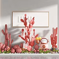 Red Cactus Bonsai Plants With Cartoon Figurine And Decorative Indoor