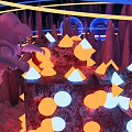 Vibrant Cartoon Scene With Red Character Orbital Rings Glowing Geometric Shapes And Rocky Peaks