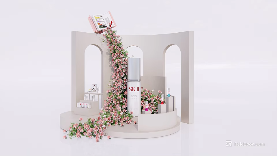Floral Installation with Pink Flowers Arches and SK-II Products on White Display Stand 3d model 
