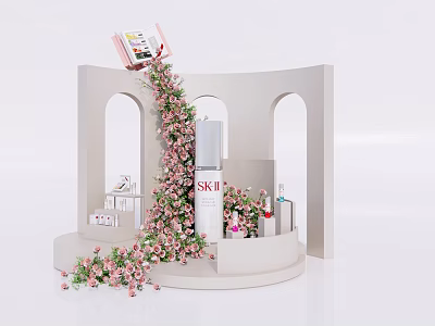 Floral Installation with Pink Flowers Arches and SK-II Products on White Display Stand 3d model