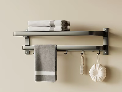 Bathroom Wall Shelf With Folded Towels Hanging Towel Hooks And Decorative Items 3d model