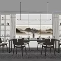 Elegant Chinese Dining Room Interior With Mountain Landscape Wall Art Wooden Table Chairs Pendant Lights