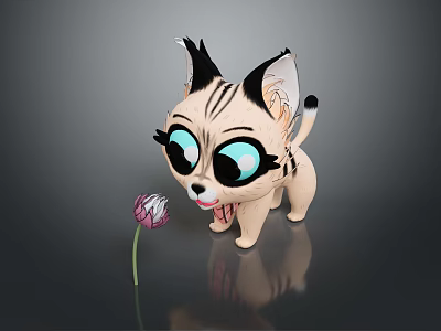 Cute Cartoon Cat Figurine With Big Blue Eyes Black Ears And Pink Flower 3d model
