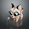 Cute Cartoon Cat Figurine With Big Blue Eyes Black Ears And Pink Flower