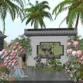 Traditional Chinese Scenic Wall With Palm Trees Pink White Balloons And Floral Decorations