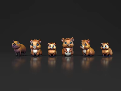 Six Different Poses Of Cartoon Aquatic Beavers In Brown White On Black Reflective Background 3d model