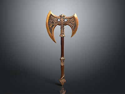 Ornate Battle Axe With Carved Golden Axe Head Wooden Handle And Intricate Design 3d model