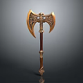 Ornate Battle Axe With Carved Golden Axe Head Wooden Handle And Intricate Design