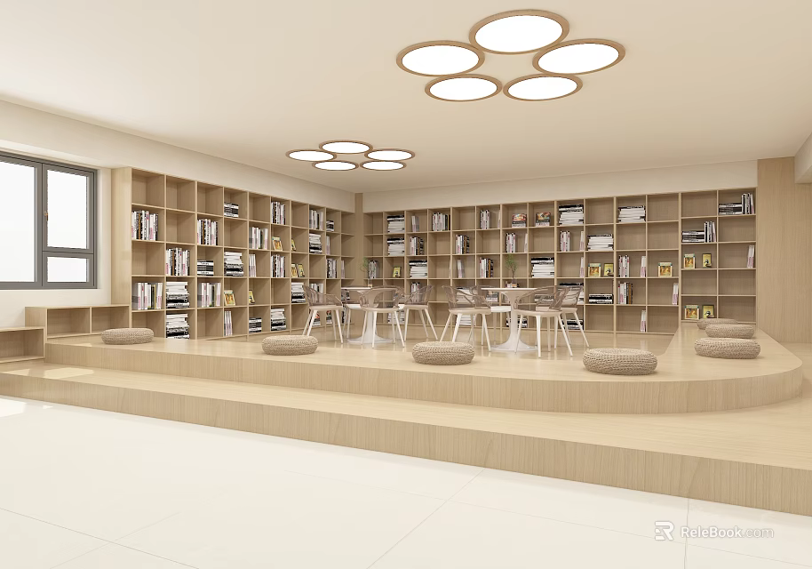 Bright Kindergarten Interior Design With Bookshelves Reading Area Round Lights And Floor Cushions 3d model 