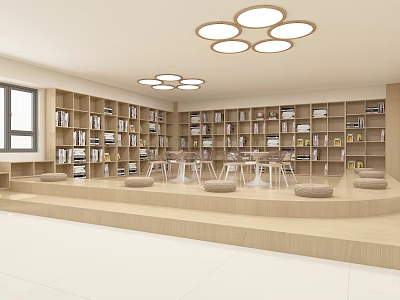 Bright Kindergarten Interior Design With Bookshelves Reading Area Round Lights And Floor Cushions 3d model