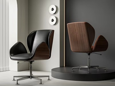 Modern Office Chairs With Black Leather And Walnut Wood Swivel Base Design 3d model