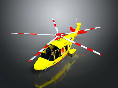 Yellow Rescue Helicopter with Red and White Striped Rotors for Emergency Aerial Missions 3d model
