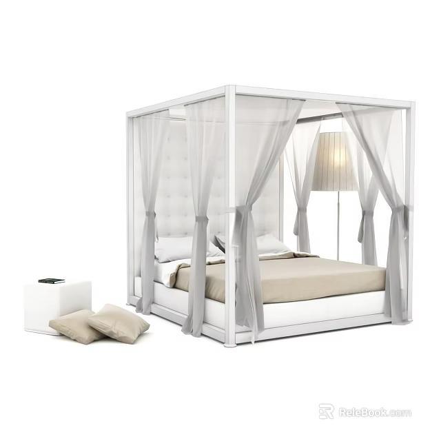 White Four Poster Double Bed With Canopy Curtains Beige Bedding And Floor Lamp 3d model 