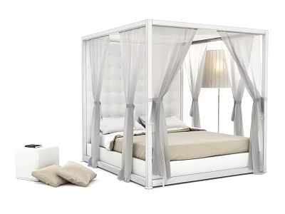 White Four Poster Double Bed With Canopy Curtains Beige Bedding And Floor Lamp 3d model