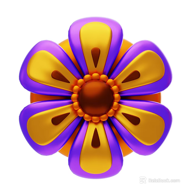 Vibrant Flower Shaped Decorative Ornament Set Featuring Purple Yellow Orange Petals 3d model 