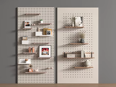Pegboard Wall Hanging Accessories With Shelves Picture Frames And Decorative Items 3d model
