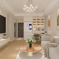 Modern Living and Dining Room Interior With White Chandelier Decorative Paintings and Sofa