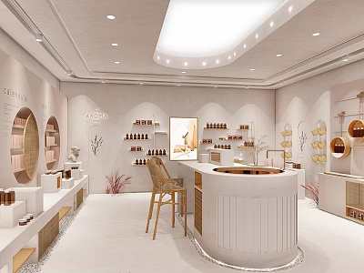 Pastel Pink Beauty Boutique Interior With Round Counter Products On Shelves Mirrors And Plants 3d model