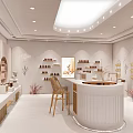 Pastel Pink Beauty Boutique Interior With Round Counter Products On Shelves Mirrors And Plants