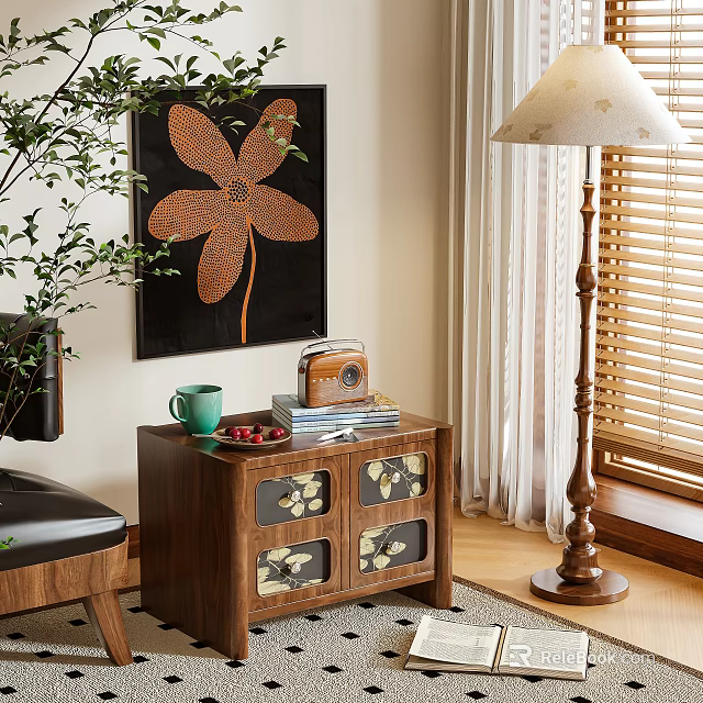 Walnut Wood Nightstand With Green Mug Berry Plate Books And Beige Lampshade Floor Lamp 3d model 