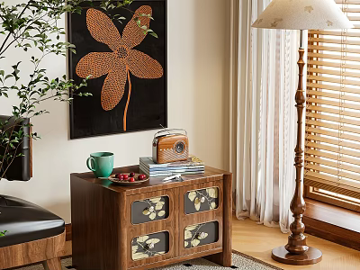 Walnut Wood Nightstand With Green Mug Berry Plate Books And Beige Lampshade Floor Lamp 3d model