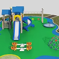 Outdoor Playground Equipment With Colorful Slides Swings Climbing Structures Green Blue Flooring And Lamp Posts