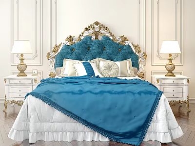 Elegant Double Bed With Blue Tufted Headboard Gold Trim White Sheets Nightstands And Table Lamps 3d model