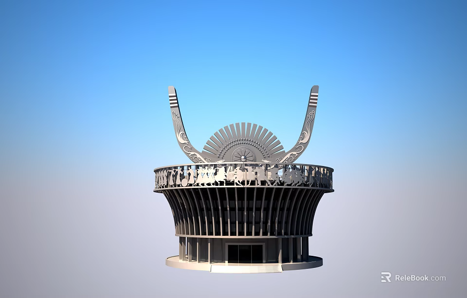 Modern Circular Building Featuring Wing Like Top Structure Radial Decoration And Column Base 3d model