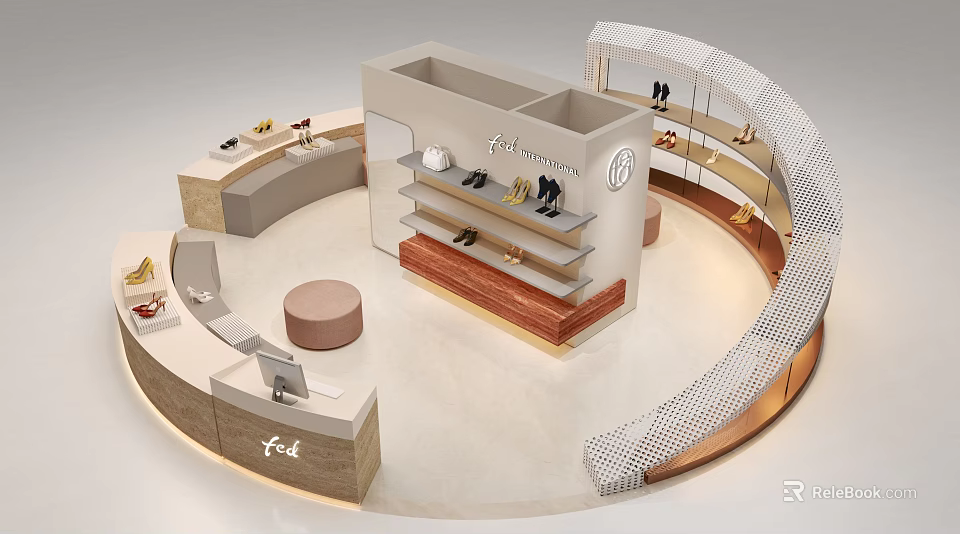 Modern Shopping Mall Shoe Retail Counter With Display Shelves And Elegant Layout 3d model 