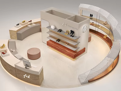 Modern Shopping Mall Shoe Retail Counter With Display Shelves And Elegant Layout 3d model