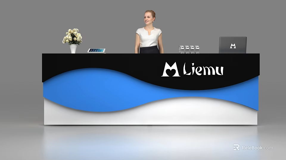 Modern Liemu Reception Desk with Black Blue White Design Vase Tablet Laptop and Receptionist 3d model 