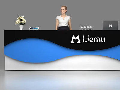 Modern Liemu Reception Desk with Black Blue White Design Vase Tablet Laptop and Receptionist 3d model