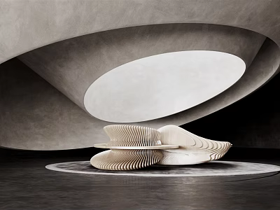 Abstract Sofa With Unique Curved Layered Design And Wooden Striped Surface On Dark Floor 3d model